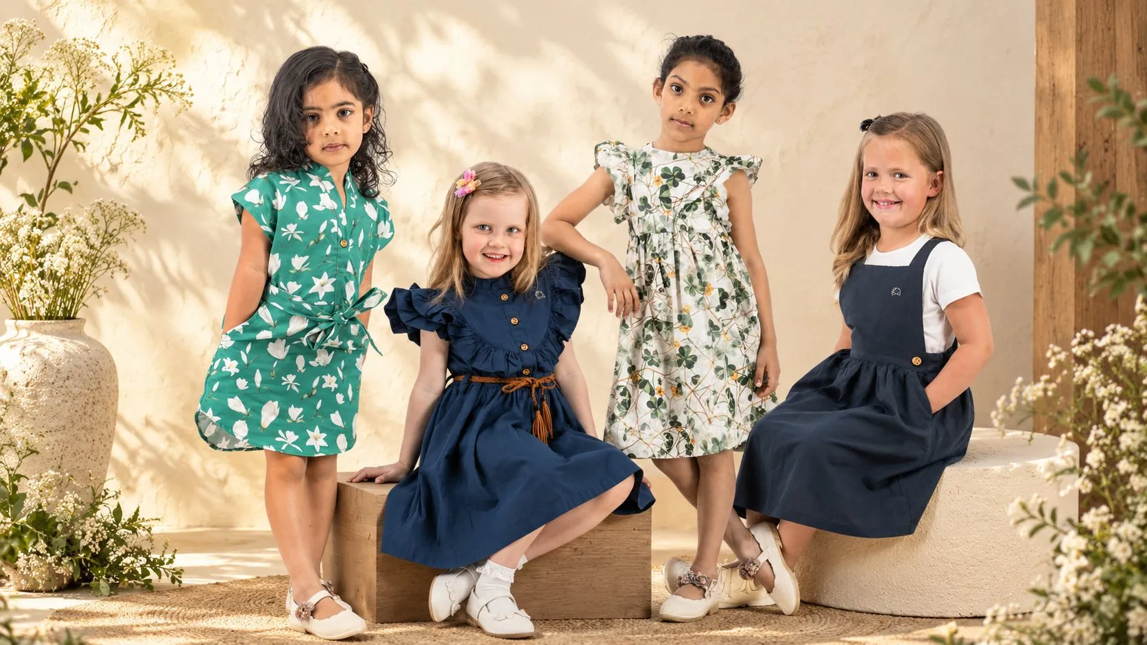 Four girls in a sunlit garden courtyard wearing the Little Garden Days collection: the green magnolia Floral Shirt Dress, the navy Ruffle Dress, the ivory Botanical Dress and the black ebony Pinafore Set