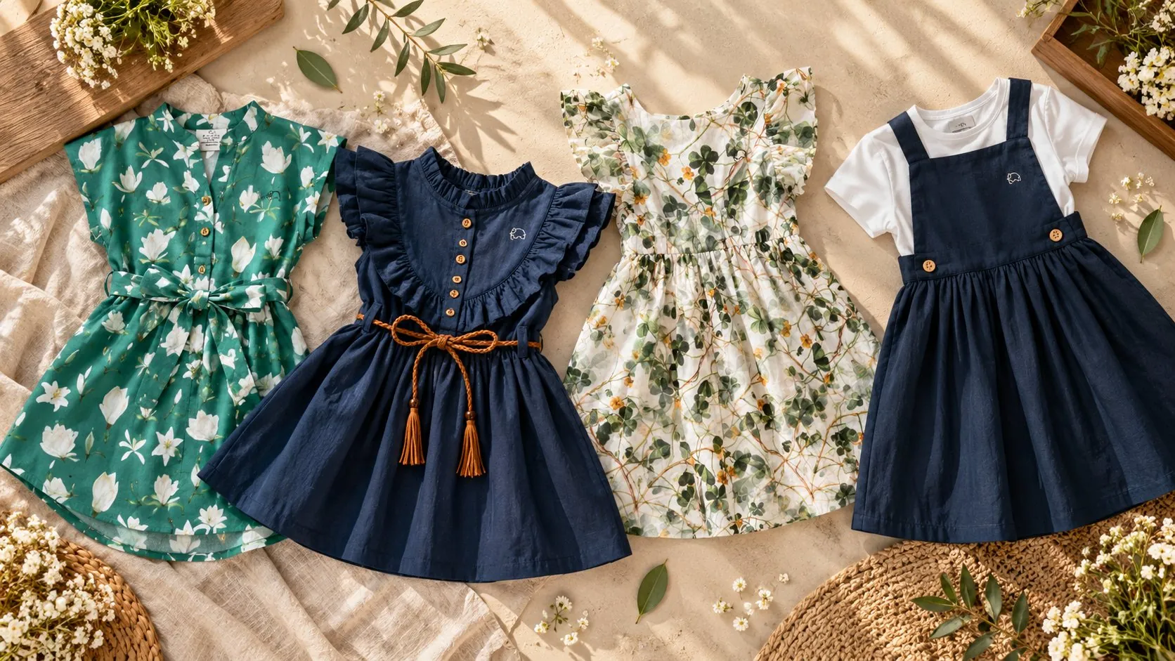 The four Little Garden Days pieces laid flat on linen among white flowers: the green magnolia Floral Shirt Dress, the navy Ruffle Dress with braided tie, the ivory clover Botanical Dress and the black ebony Pinafore Set with white tee
